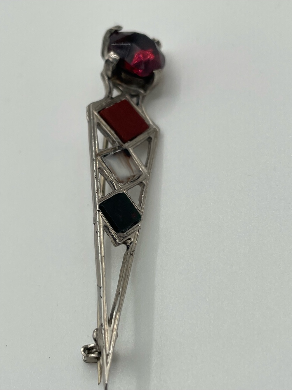Vintage Silver Geometric Brooch with Red, Black, and White Accent. Marked Mizpah